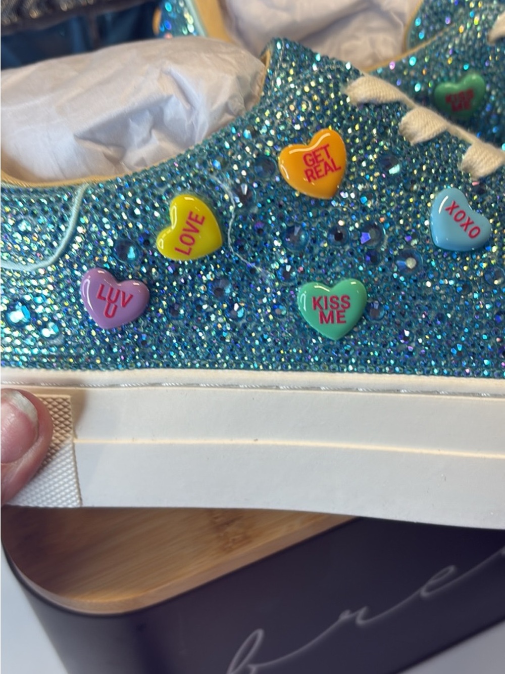 Betsey Johnson Teal Glitter Platform Sneakers with Candy Heart Accents - Picture 4 of 8
